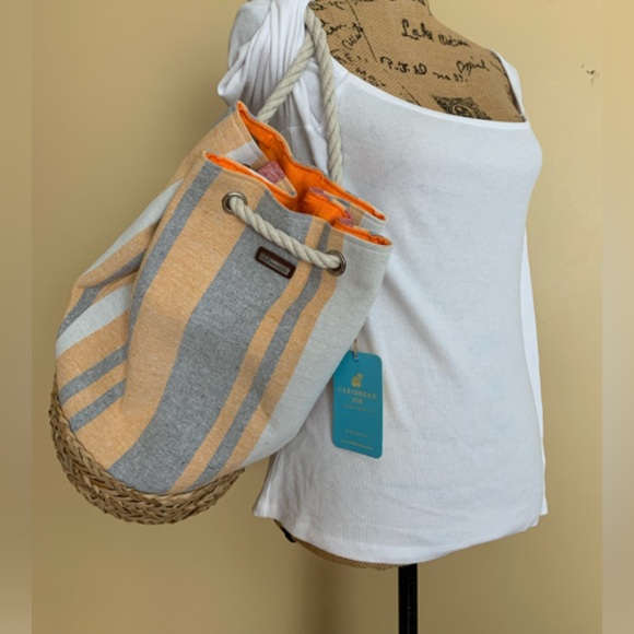 CARIBBEAN JOE canvas striped multi functional tote with rope strap NWT - Picture 4 of 14